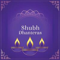 indian festival shubh dhanteras purple poster with artistic diya design vector