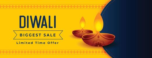 happy diwali biggest sale banner with glowing diya vector