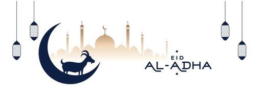 eid al adha mubarak with crescent moon and goat on white background vector