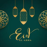 muslim eid al adha decorative wishes greeting with arabic style lamp design vector