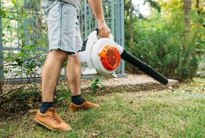 Cordless Leaf Blowers. handheld, cordless, electric leaf blower in a garden, selective focus. Autumn, fall gardening works in a backyard, on a lawn, grass. Garden works. photo