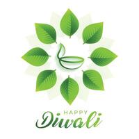 happy green diwali greeting background with leaves design vector