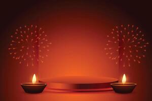 brown diwali banner with firework and 3d podium design vector