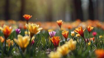 ai generado primavera flores en verde césped, inundado con brillante luz de sol, borroso antecedentes. foto