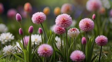 AI generated Spring flowers on green lawn, flooded with bright sunlight, blurred background. photo