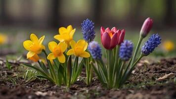 AI generated Spring flowers on green lawn, flooded with bright sunlight, blurred background. photo