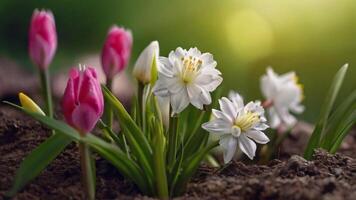 AI generated Spring flowers on green lawn, flooded with bright sunlight, blurred background. photo