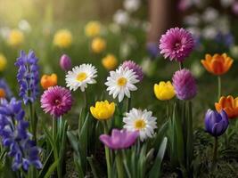 ai generado primavera flores en verde césped, inundado con brillante luz de sol, borroso antecedentes. foto