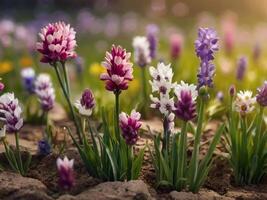 ai generado primavera flores en verde césped, inundado con brillante luz de sol, borroso antecedentes. foto