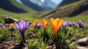 ai generado primavera flores en verde césped, inundado con brillante luz de sol, borroso antecedentes. foto