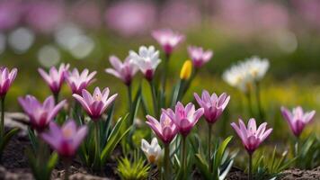 ai generado primavera flores en verde césped, inundado con brillante luz de sol, borroso antecedentes. foto