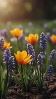 ai generado primavera flores en verde césped, inundado con brillante luz de sol, borroso antecedentes. foto