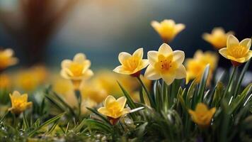 AI generated Spring flowers on green lawn, flooded with bright sunlight, blurred background. photo