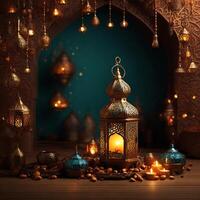 AI generated celebration of ramadan, islamic eid mubarak and eid al adha lantern in a light background, selective focus photo