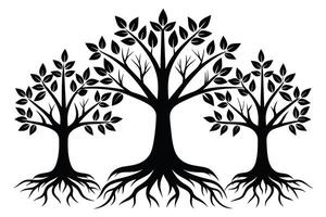 Black Trees with roots set isolated on white background vector