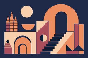 Surreal geometric shapes. Abstract vector elements and signs in trendy minimal outline style. Arch, stairs, column etc