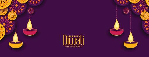 happy diwali festival banner with diya decoration vector