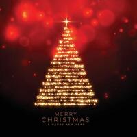 merry christmas sparkles tree on red bokeh background vector