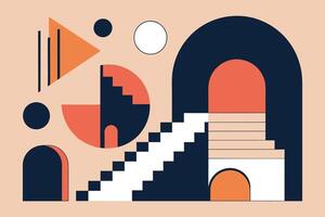 Surreal geometric shapes. Abstract vector elements and signs in trendy minimal outline style. Arch, stairs, column etc