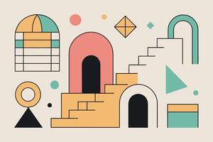 Surreal geometric shapes. Abstract vector elements and signs in trendy minimal outline style. Arch, stairs, column etc