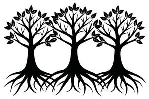 Black Trees with roots set isolated on white background vector