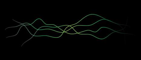 Abstract wavy dynamic blue green violet light lines curve banner on black background in concept technology, neural network, neurology, science, music, neon light vector