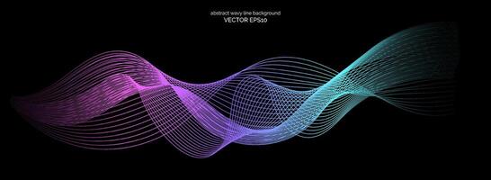 resumen ondulado dinámica azul verde parpadeo ligero líneas curva bandera en negro antecedentes en concepto tecnología, neural red, neurología, ciencia, música, neón ligero. vector