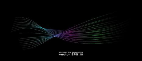 Abstract wavy dynamic blue green violet light lines curve banner on black background in concept technology, neural network, neurology, science, music, neon light vector