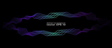 Abstract wavy dynamic blue green violet light lines curve banner on black background in concept technology, neural network, neurology, science, music, neon light vector