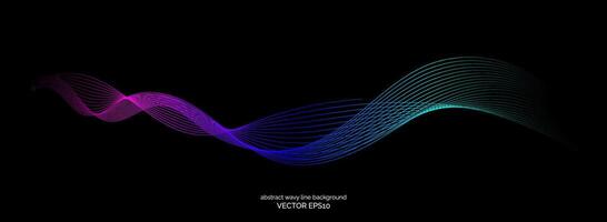 Abstract wavy dynamic blue green parple light lines curve banner on black background in concept technology, neural network, neurology, science, music, neon light. vector