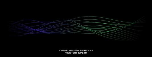 Abstract wavy dynamic blue green violet light lines curve banner on black background in concept technology, neural network, neurology, science, music, neon light. vector