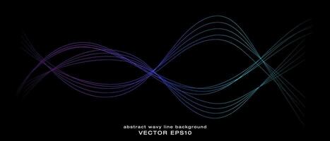 Abstract wavy dynamic blue green violet light lines curve banner on black background in concept technology, neural network, neurology, science, music, neon light. vector