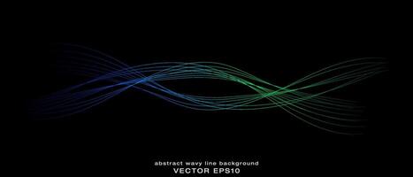 Abstract wavy dynamic blue green violet light lines curve banner on black background in concept technology, neural network, neurology, science, music, neon light. vector