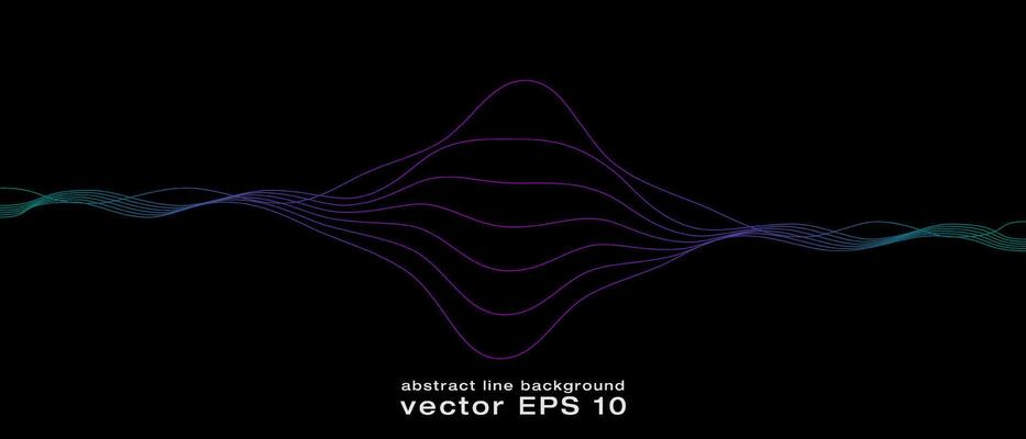 Abstract wavy dynamic blue green violet light lines curve banner on black background in concept technology, neural network, neurology, science, music, neon light