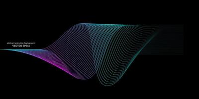 Abstract wavy dynamic blue green parple light lines curve banner on black background in concept technology, neural network, neurology, science, music, neon light. vector