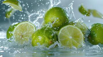 AI generated Limes fall into water, whole and cut limes in splashes of water . photo