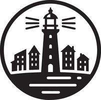 lighthouse isolated on a white background with a town next to it on a hill with the beacon on vector