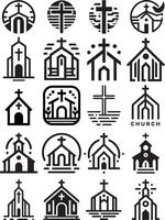 Churches and cross icons and logos for a simplistic modern minimalistic design. Some bell towns and building designs with the 4 corners of the world. vector