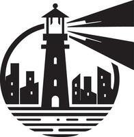 lighthouse isolated on a white background with water in front and a small city next to it with rays shinning from the beacon in a circle vector