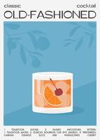 antiguo pasado de moda cóctel en el rocas adornar con naranja rebanada y marrasquino cereza. whisky con hielo aperitivo tropical vertical póster. minimalista de moda alcohólico bebida. vector ilustración.