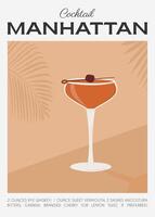 Manhattan Classic Cocktail garnished with maraschino cherry. Classic alcoholic beverage recipe wall art print. Summer aperitif poster. Minimalist alcoholic drink placard. Vector illustration.