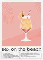 Sex On The Beach Tropical Cocktail garnished with orange and cherry. Classic alcoholic beverage recipe wall art print. Summer aperitif poster. Minimalist alcoholic drink placard. Vector illustration.