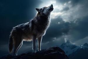 ai generado un lobo soportes en un rock a noche y aullidos a el Luna foto