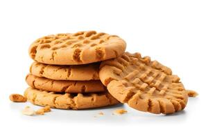 AI generated A stack of peanut butter cookies with some missing pieces isolated on a white backgound photo