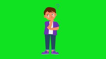 cartoon boy thinking about something on green background video