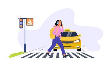a woman crossing the street with a yellow taxi video