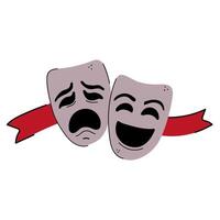 A doodle illustration of two theatrical masks and red ribbon. Comedy and tragedy concept. Isolated on white. vector