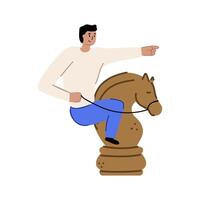 Big cartoon style chess knight figure. A flat illustration of a man riding a wooden horse. Board game piece. Isolated on white. vector