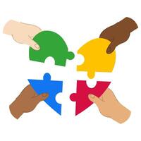 Autism Awareness Month Concept. A group of people holding colorful pieces of a doodle heart. Isolated on white. vector