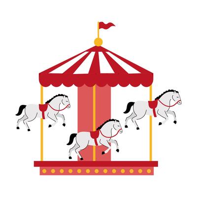 A cute illustration of a merry go round. A carousel with three white horses. Isolated on white.
